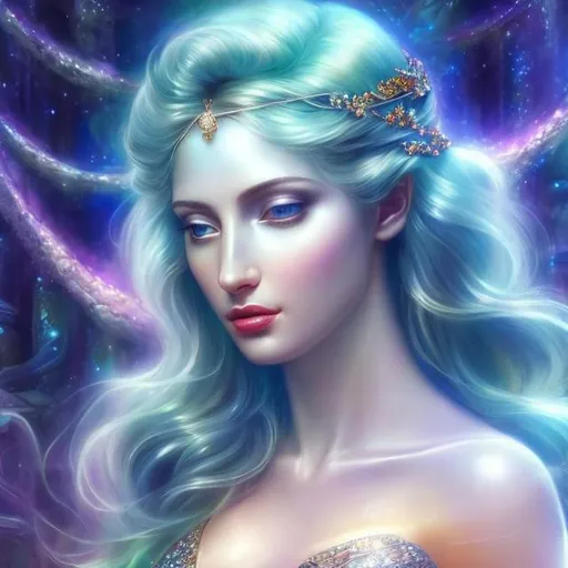 Prompt: HD 4k 3D, hyper realistic, professional modeling, ethereal Greek sleep goddess of hallucinations, blue hair, white skin, multicolor gown, gorgeous face, chrome jewelry and headband, full body, ambient spirit glow, serenity, meditation, tranquil dreamlike background, detailed, elegant, ethereal, mythical, Greek, goddess, surreal lighting, majestic, goddesslike aura