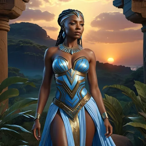 Prompt: HD 4k 3D 8k professional modeling photo hyper realistic beautiful woman enchanted Wakanda Princess, ethereal greek goddess, full body surrounded by ambient glow, magical, highly detailed, intricate, lush african paradise at twilight, outdoor landscape, highly realistic woman, high fantasy background, elegant, mythical, surreal lighting, majestic, goddesslike aura, Annie Leibovitz style 


