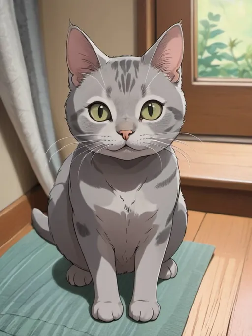 Prompt: 2d studio ghibli anime style, gray shorthaired cat, cute anime scene