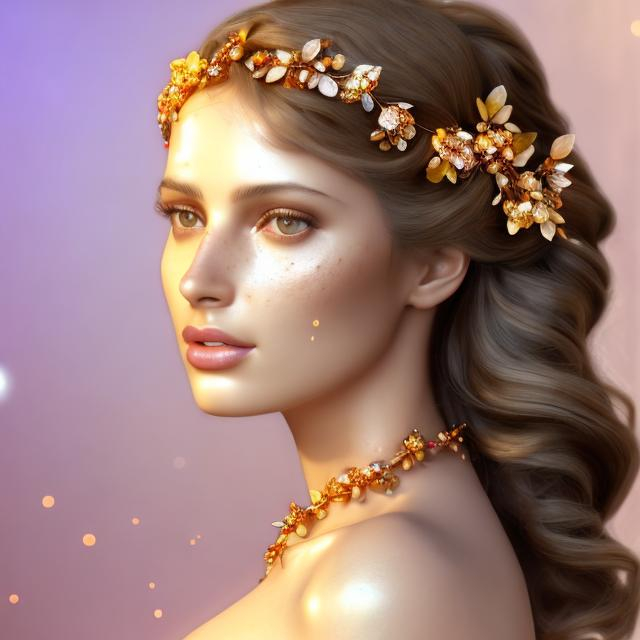 Prompt: HD 4k 3D, hyper realistic, professional modeling, ethereal  Greek goddess of fruit trees, amber hair, mixed freckled skin, gorgeous face, gorgeous fruit tree dress, tree jewelry and amber tiara, full body, ambient sunshine glow, fruit tree nymph, landscape, detailed, elegant, ethereal, mythical, Greek, goddess, surreal lighting, majestic, goddesslike aura