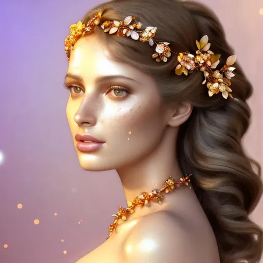 Prompt: HD 4k 3D, hyper realistic, professional modeling, ethereal  Greek goddess of fruit trees, amber hair, mixed freckled skin, gorgeous face, gorgeous fruit tree dress, tree jewelry and amber tiara, full body, ambient sunshine glow, fruit tree nymph, landscape, detailed, elegant, ethereal, mythical, Greek, goddess, surreal lighting, majestic, goddesslike aura