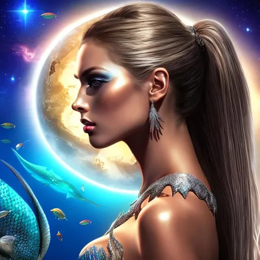 Prompt: HD 4k 3D 8k professional modeling photo hyper realistic beautiful woman ethereal greek goddess Australian aboriginal mermaid
silver ponytail hair dark freckled skin gorgeous face jewelry tiara colored mermaid tail full body surrounded by ambient glow hd landscape great barrier reef

