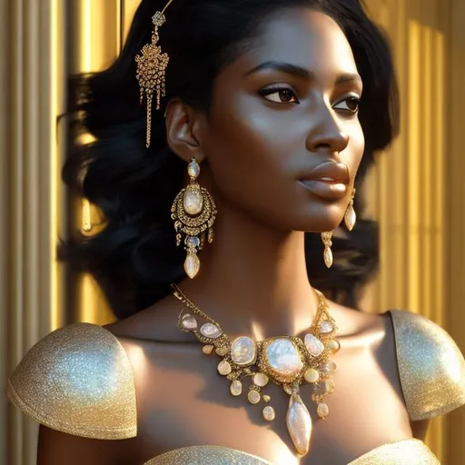 Prompt: HD 4k 3D, hyper realistic, professional modeling, ethereal Greek goddess of afternoon, black hair, mixed skin, gorgeous face, silk dress, shiny jewelry and headpiece, full body, soft ambient glow of afternoon, alluring goddess, lazy, afternoon lounging, rest, detailed, elegant, ethereal, mythical, Greek, goddess, surreal lighting, majestic, goddesslike aura