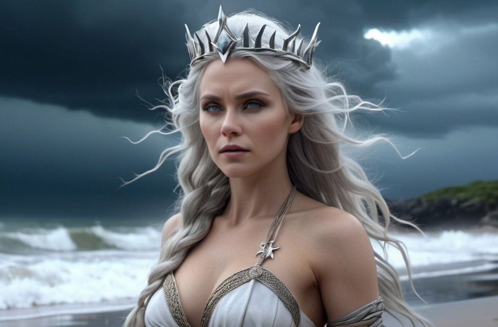 Prompt: Hludana Norse Goddess of violent winds, hyper realistic, HD 4k 3D, professional modeling, ethereal, light gray hair, white skin, gorgeous face, gorgeous jewelry and crown, on a beach in a storm, ambient glow, detailed, elegant, ethereal, mythical, goddess, moody lighting, majestic, goddesslike aura, Norse Mythology