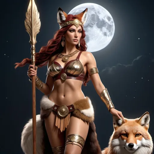 Prompt: HD 4k 3D, hyper realistic, professional modeling, ethereal Greek Goddess of the hunt and the moon, dark red hair, tan skin, gorgeous face, animal pelt armor and boots, barbarian brown jewelry and headband, full body, wooden spear, full moon, red fox companion, detailed, elegant, ethereal, mythical, Greek, goddess, surreal lighting, majestic, goddesslike aura
