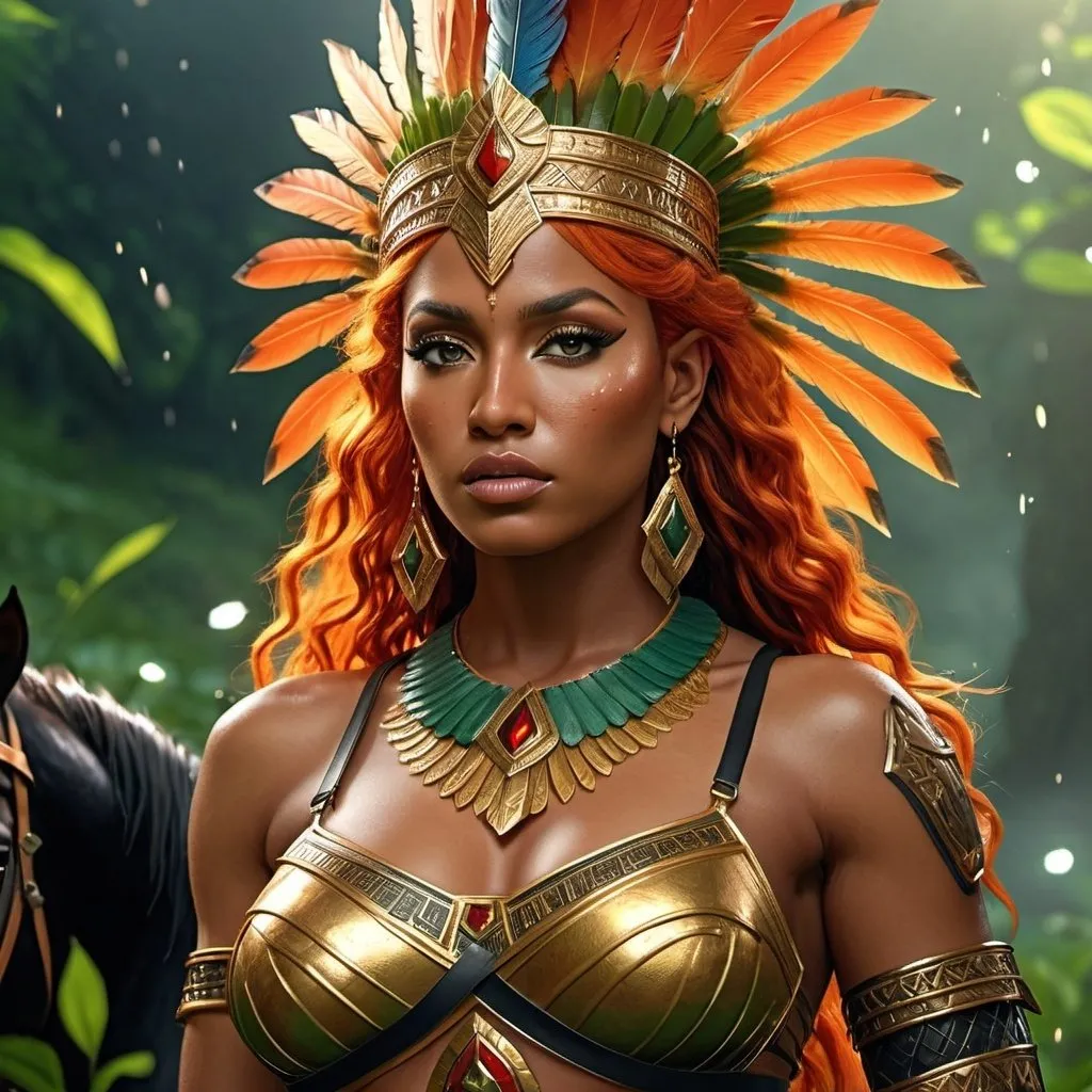 Prompt: HD 4k 3D, 8k, hyper realistic, professional modeling, ethereal Greek Goddess and Amazonian Queen, orange hair, black skin, gorgeous glowing face, Amazonian Warrior armor, red jade jewelry and crown and golden girdle, Amazon warrior, tattoos, full body, rainy green hills, adorned with cardinal feathers and gloriosa lilies, horses, surrounded by ambient divine glow, detailed, elegant, mythical, surreal dramatic lighting, majestic, goddesslike aura