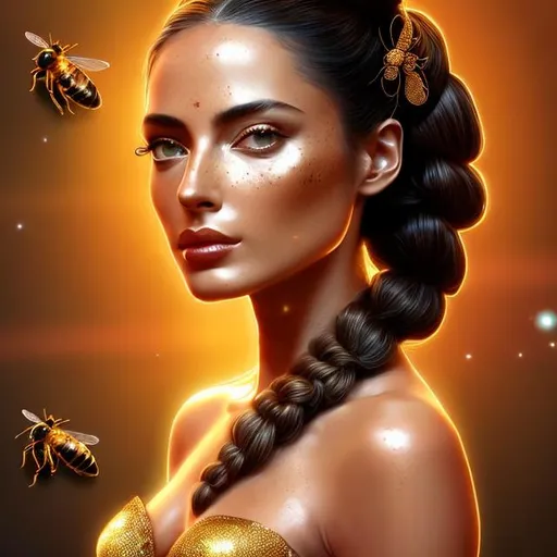Prompt: HD 4k 3D, hyper realistic, professional modeling, ethereal Greek goddess of honey, black double ponytail hair, olive freckled skin, gorgeous face, gorgeous honeycomb dress, rustic jewelry and honeybee crown, full body, ambient glow, honey, beehives, honeybees, landscape, detailed, elegant, ethereal, mythical, Greek, goddess, surreal lighting, majestic, goddesslike aura