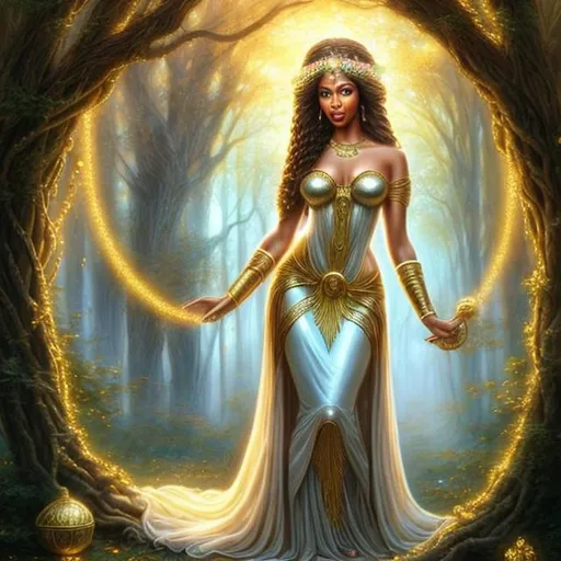 Prompt: HD 4k 3D, hyper realistic, professional modeling, ethereal  lovely Greek goddess of trees, gold bubble braid hair, brown skin, gorgeous face, gorgeous tree priestess dress, tree jewelry and priestess diadem, full body, ambient glow, tree nymph, landscape, detailed, elegant, ethereal, mythical, Greek, goddess, surreal lighting, majestic, goddesslike aura