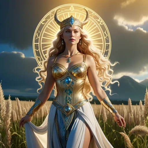 Prompt: tarot card  illustration, Beyla Norse Goddess of argriculture, hyperrealistic, HD 4k 3D 8k professional modeling photo, beautiful fair woman enchanted, standing in a field, surrounded by ambient glow, magical, highly detailed, intricate, mythical background, elegant, surreal lighting, majestic, goddesslike aura