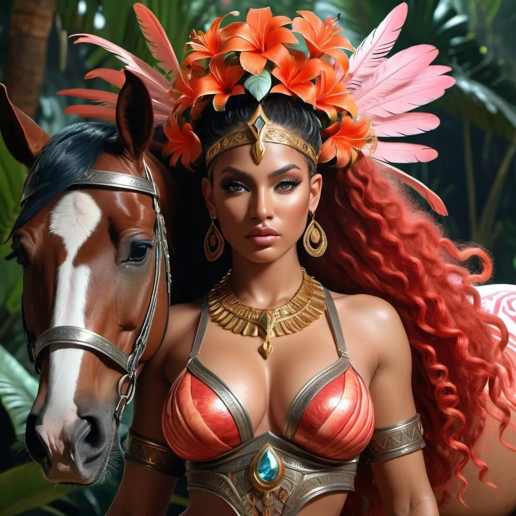 Prompt: HD 4k 3D, 8k, hyper realistic, professional modeling, ethereal Greek Goddess and Amazonian Queen, red double buns hair, dark skin, gorgeous glowing face, Amazonian Warrior armor, ametryn jewelry and diadem, Amazon warrior, tattoos, full body, tropics, adorned with flamingo feathers and tropical flowers, riding horse, surrounded by ambient divine glow, detailed, elegant, mythical, surreal dramatic lighting, majestic, goddesslike aura