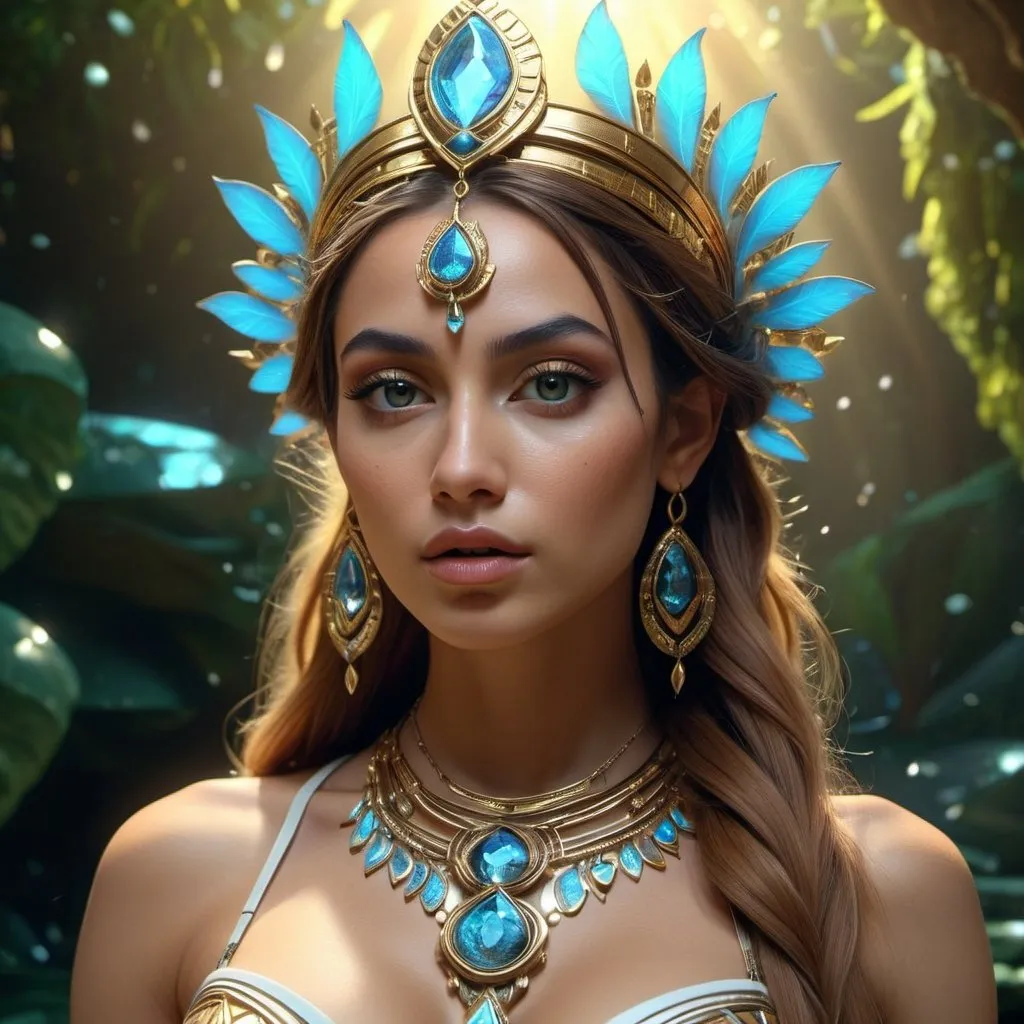 Prompt: HD 4k 3D, hyper realistic, professional modeling, enchanted Techno loving Cree Princess - Tigerlily, beautiful, magical, detailed, highly realistic woman, high fantasy background, techno trippy music lover style, elegant, ethereal, mythical, Greek goddess, surreal lighting, majestic, goddesslike aura, Annie Leibovitz style 