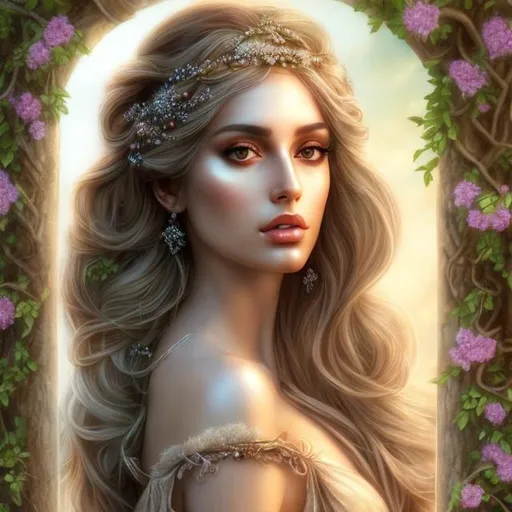 Prompt: HD 4k 3D, hyper realistic, professional modeling, ethereal Greek goddess of ash trees, purple hair, tan skin, gorgeous face, gorgeous rustic inspired dress, rustic jewelry and rustic headband, full body, ambient glow, ash tree nymph, landscape, detailed, elegant, ethereal, mythical, Greek, goddess, surreal lighting, majestic, goddesslike aura