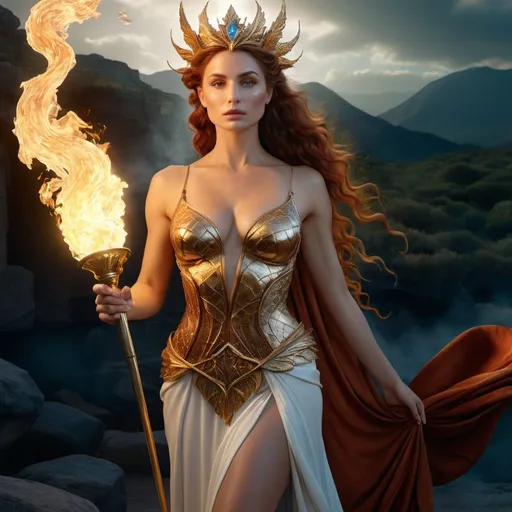 Prompt: HD 4k 3D 8k professional modeling photo hyper realistic beautiful woman enchanted Brittania Fire Princess, dragon woman, ethereal greek goddess, full body surrounded by ambient glow, enchanted, magical, highly detailed, intricate, regal, wise, enchanted outdoor landscape, highly realistic woman, high fantasy background, elegant, mythical, surreal lighting, majestic, goddesslike aura, Annie Leibovitz style 

