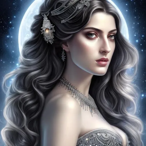 Prompt: HD 4k 3D, hyper realistic, professional modeling, ethereal Greek goddess, silver and black hair, pale skin, shining silver gown, gorgeous face, shining jewelry and diadem, full body, ambient glow, glorious starry light, beautiful goddess with ram horns, fiery, detailed, elegant, ethereal, mythical, Greek, goddess, surreal lighting, majestic, goddesslike aura