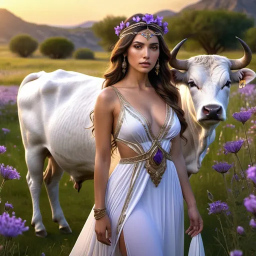 Prompt: HD 4k 3D, 8k, hyper realistic, professional modeling, ethereal Greek Goddess Phoenician Princess, brunette hair, brown skin, gorgeous glowing face, flowing embroidered gown, purple gemstone jewelry and headband, standing next to a white bull in a field of wildflowers, surrounded by ambient divinity glow, detailed, elegant, mythical, surreal dramatic lighting, majestic, goddesslike aura