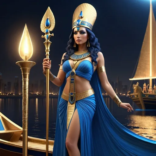 Prompt: HD 4k 3D, 8k, hyper realistic, professional modeling, ethereal Egyptian Goddess style, Ruler Goddess, beautiful, holding scepter,  glowing fair skin, dark blue hair, mythical regal gown, crown, full body, powerful, on egyptian boat, Fantasy setting, surrounded by ambient divine glow, detailed, elegant, surreal dramatic lighting, majestic, goddesslike aura, octane render, artistic and whimsical