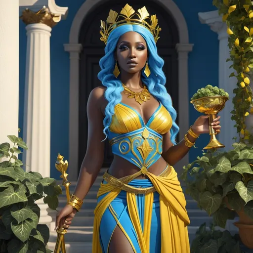 Prompt: HD 4k 3D, hyper realistic, professional modeling, ethereal Greek Muse of Comedy, bright blue hair, black skin, gorgeous face, grecian two piece outfit with boots, canary yellow jewelry and crown of ivy, full body, joyous, holding staff, flourishing vegetation, happy,  detailed, elegant, ethereal, mythical, Greek, goddess, surreal lighting, majestic, goddesslike aura