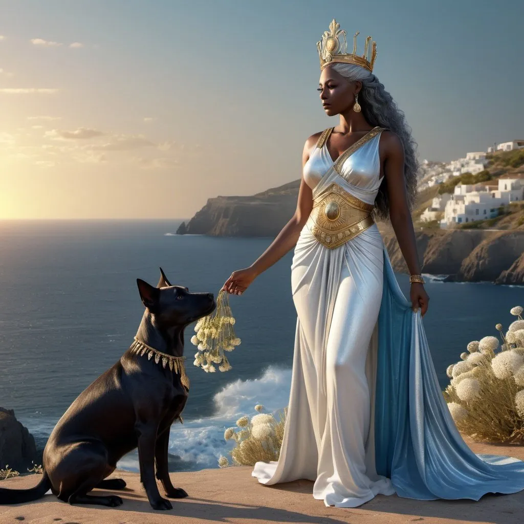 Prompt: HD 4k 3D, 8k, hyper realistic, professional modeling, ethereal Greek Goddess Trojan Queen, gray hair, dark skin, gorgeous glowing face, regal gown, copper gemstone jewelry and tiara, standing next to a dog companion on a bluff by the sea, scabiosa pods, surrounded by ambient divinity glow, detailed, elegant, mythical, surreal dramatic lighting, majestic, goddesslike aura