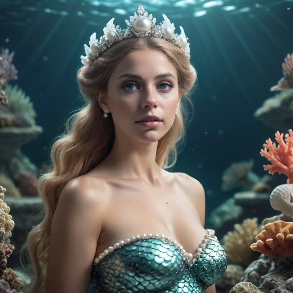 Prompt: HD 4k 3D, hyper realistic, professional modeling, enchanted Denmark Mermaid Princess - Marina, pearls, beautiful, magical, coral reef, high fantasy background, detailed, highly realistic woman, elegant, ethereal, mythical, Greek goddess, surreal lighting, majestic, goddesslike aura