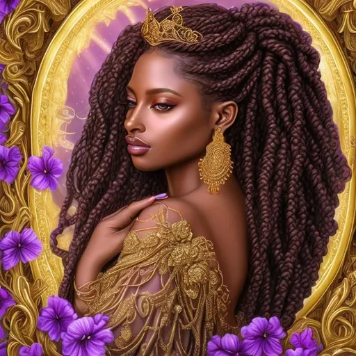 Prompt: HD 4k 3D, hyper realistic, professional modeling, ethereal Greek goddess of joyous abundance, purple and brown braided hair, mixed skin, luxurious gown, gorgeous face,  opulent jewelry and ivy crown, full body, ambient glow, festival, rich banquet background, detailed, elegant, ethereal, mythical, Greek, goddess, surreal lighting, majestic, goddesslike aura