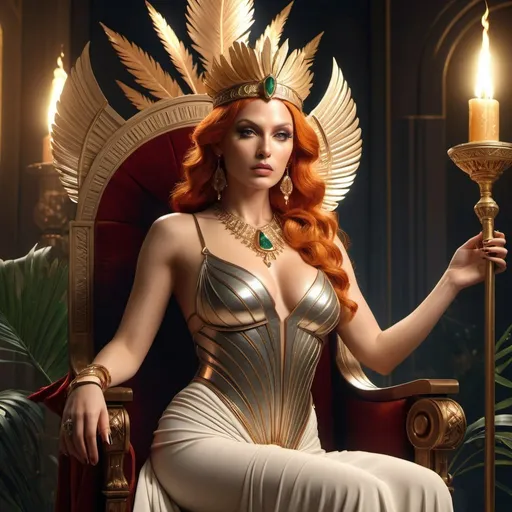 Prompt: HD 4k 3D, 8k, hyper realistic, professional modeling, ethereal Greek Goddess Queen Cassiopeia, orange hair, beige skin, gorgeous glowing face, regal gown, red gemstone jewelry and headband, evil queen, seated on throne, holding mirror and palm frond, surrounded by ambient divinity glow, detailed, elegant, mythical, surreal dramatic lighting, majestic, goddesslike aura