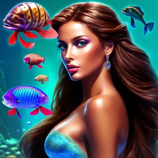 Prompt: HD 4k 3D 8k professional modeling photo hyper realistic beautiful woman ethereal greek goddess south american  mermaid
chocolate brown hair mixed skin gorgeous face  jewelry Incan headpiece colored mermaid tail full body surrounded by ambient glow hd landscape under south american ocean waters bubbles jellyfish

