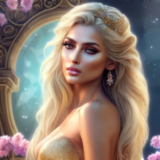 Prompt: HD 4k 3D, hyper realistic, professional modeling, ethereal Greek goddess "abundance", blonde ombre hair, tan skin, springtime gown, gorgeous face, starry jewelry and crown, full body, ambient glow, alluring archer goddess, bonfires, detailed, elegant, ethereal, mythical, Greek, goddess, surreal lighting, majestic, goddesslike aura