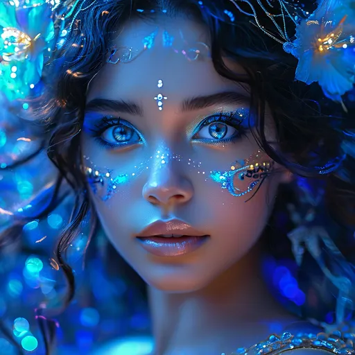 Prompt: Blue Fairy as an Ancient Cosmic Goddess, pre-Raphaelite time-lapse motion blur Abstract* cyber graffiti, High resolution, detailed portrait, Midjourney style, ethereal atmosphere, flowing hair, captivating eyes, cosmic mystical aura, vibrant colors, soft lighting, professional, digital painting, enchanting presence, fantasy, dreamy, female, mystical, detailed hair, captivating gaze, professional lighting, hyper realistic, HD 4k 3D, professional modeling, ethereal, gorgeous face, ambient divine glow, detailed and intricate, elegant, ethereal, mythical, goddess, radiant lighting,