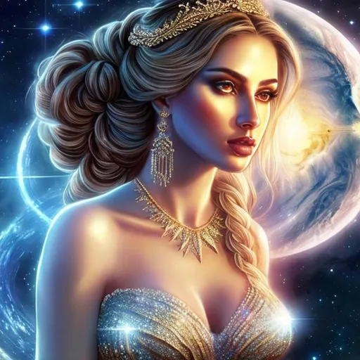 Prompt: HD 4k 3D, hyper realistic, professional modeling, ethereal Greek goddess of the comets, sparkling blue long braided hair, brown skin, gorgeous face, gorgeous white starry dress with long train, comet white jewelry and diadem of stars, pixie wings, full body, ambient starlight glow, comet over islands, dazzling light, landscape, detailed, elegant, ethereal, mythical, Greek, goddess, surreal lighting, majestic, goddesslike aura