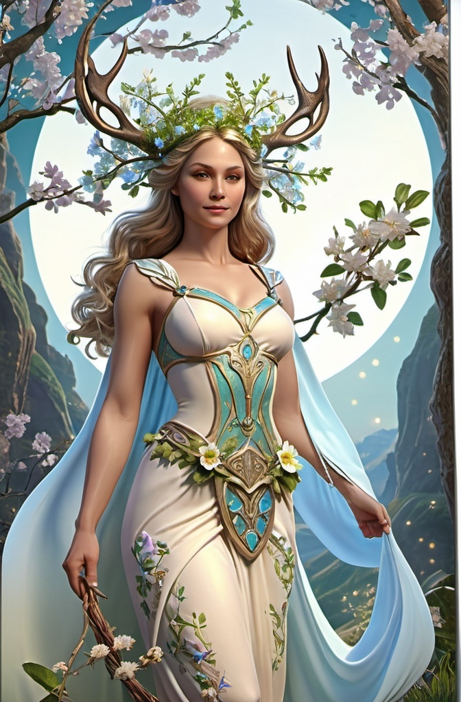 Prompt: Eostre Norse Goddess of Spring, hyperrealistic, HD 4k 3D 8k professional modeling photo, beautiful medium-tone maiden, enchanted, the divinity of the radiant dawn, of upspringing light, a spectacle that brings joy and blessing, surrounded by ambient glow, magical, highly detailed, intricate, mythical background, elegant, surreal lighting, majestic, goddesslike aura