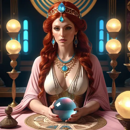 Prompt: HD 4k 3D, 8k, hyper realistic, professional modeling, ethereal Greek Goddess Prophetess Cassandra, red hair, ivory skin, gorgeous glowing face, colorful robes, pink gemstone jewelry and headpiece, soothsayer, crystal ball and tarot, surrounded by ambient divinity glow, detailed, elegant, mythical, surreal dramatic lighting, majestic, goddesslike aura