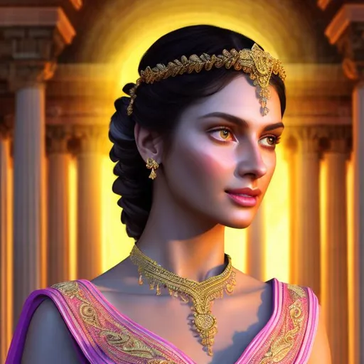 Prompt: HD 4k 3D 8k professional modeling photo hyper realistic beautiful priestess woman ethereal greek goddess truth, honesty and faith
green braided buns hair light hazel eyes fair skin gorgeous face pink cheeks shiny embroidered grecian robes religious jewelry religious crown full body surrounded by holy glow hd landscape background stained glass greek temple lamps candles petals
