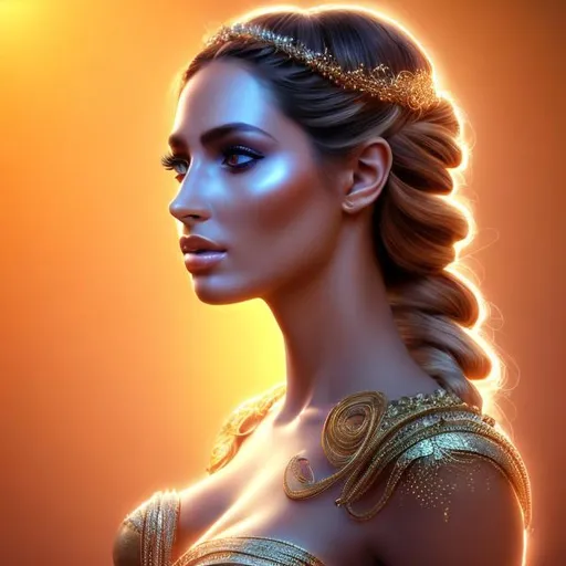 Prompt: HD 4k 3D, hyper realistic, professional modeling, ethereal Greek goddess of health, orange bubble braided hair, olive skin, gorgeous face, gorgeous radiant gown, dazzling jewelry and crown, full body, ambient glow, health goddess, ancient spa landscape, detailed, elegant, ethereal, mythical, Greek, goddess, surreal lighting, majestic, goddesslike aura