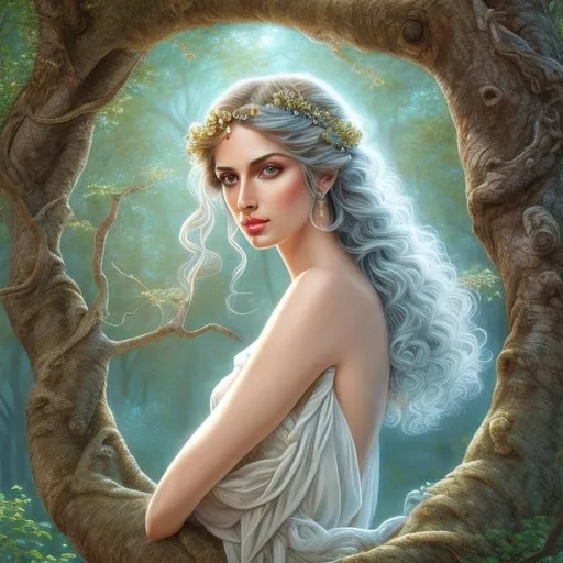 Prompt: HD 4k 3D, hyper realistic, professional modeling, ethereal  Greek goddess of elm trees, blue hair, mixed skin, gorgeous face, gorgeous tree dress, tree jewelry and elm crown, full body, ambient glow, elm tree nymph, landscape, detailed, elegant, ethereal, mythical, Greek, goddess, surreal lighting, majestic, goddesslike aura