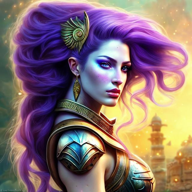 Prompt: HD 4k 3D, hyper realistic, professional modeling, ethereal invincible Greek warrior goddess, purple ombre hair, pale freckled skin, gorgeous face, gorgeous nature armor, rustic jewelry and headpiece and weapons, full body, ambient glow, invincible nature warrior goddess, landscape, detailed, elegant, ethereal, mythical, Greek, goddess, surreal lighting, majestic, goddesslike aura