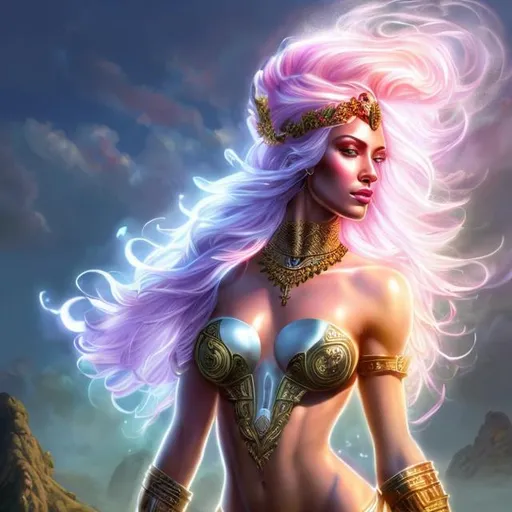 Prompt: HD 4k 3D, hyper realistic, professional modeling, ethereal Greek warrior goddess of agriculture, white and pink hair, black skin, gorgeous face, gorgeous athletic outfit, pagan jewelry and crown, full body, ambient glow, agriculture goddess, landscape Mediterranean island field, detailed, elegant, ethereal, mythical, Greek, goddess, surreal lighting, majestic, goddesslike aura