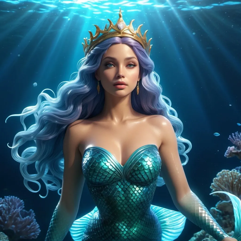 Prompt: HD 4k 3D, hyper realistic, professional modeling, ethereal Mermaid Princess beautiful, magical, underwater fantasy ocean, detailed, elegant, ethereal, mythical, Greek goddess, surreal lighting, majestic, goddesslike aura