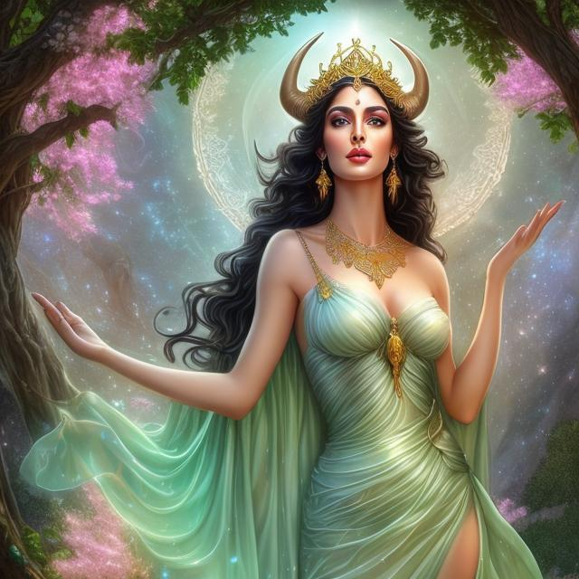Prompt: HD 4k 3D, hyper realistic, professional modeling, ethereal Greek goddess of happiness, black hair with bull horns, fair skin, green earth gown, gorgeous face, emerald jewelry and crown, full body, ambient glow, bright spring meadow, happy, detailed, elegant, ethereal, mythical, Greek, goddess, surreal lighting, majestic, goddesslike aura