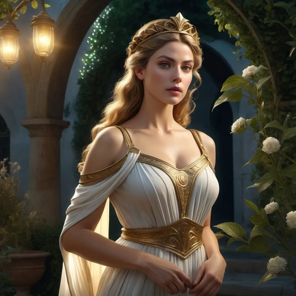 Prompt: HD 4k 3D 8k professional modeling photo hyper realistic beautiful woman Princess of Genovia ethereal greek goddess gorgeous face full body surrounded by ambient glow, enchanted, magical, detailed, highly realistic woman, high fantasy background, European garden countryside, elegant, mythical, surreal lighting, majestic, goddesslike aura, Annie Leibovitz style 

