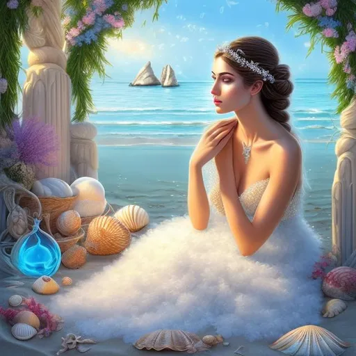 Prompt: HD 4k 3D, hyper realistic, professional modeling, ethereal Greek goddess of good mood, black and white hair french braid, white skin, blue airy gown, gorgeous face, seashell jewelry and headpiece, full body, ambient glow, beach staring into mirror, crabs on beach, detailed, elegant, ethereal, mythical, Greek, goddess, surreal lighting, majestic, goddesslike aura