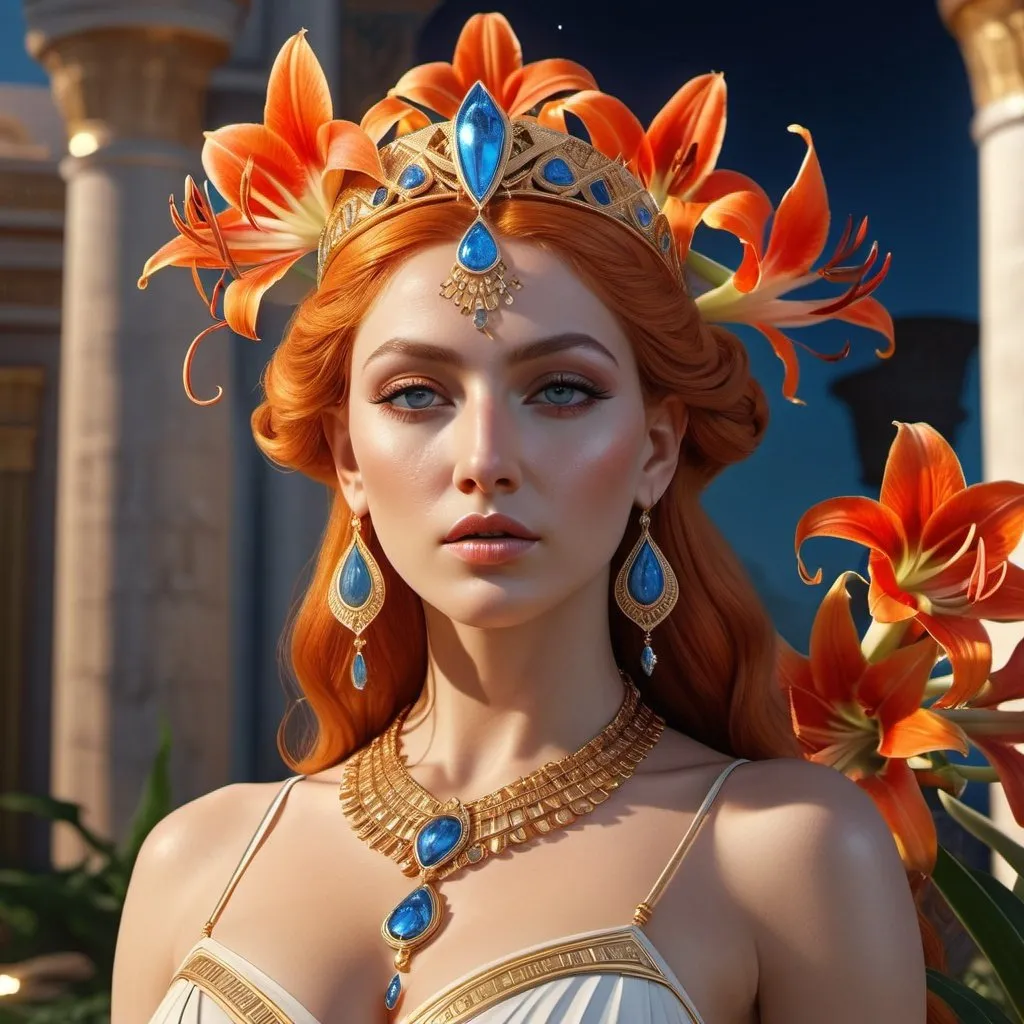 Prompt: HD 4k 3D, 8k, hyper realistic, professional modeling, ethereal Greek Goddess Queen of Thebes, orange hair, ivory skin, gorgeous glowing face, priestess dress, red gemstone jewelry and diadem,= oracle, palace garden, amaryllis flowers, surrounded by ambient divinity glow, detailed, elegant, mythical, surreal dramatic lighting, majestic, goddesslike aura