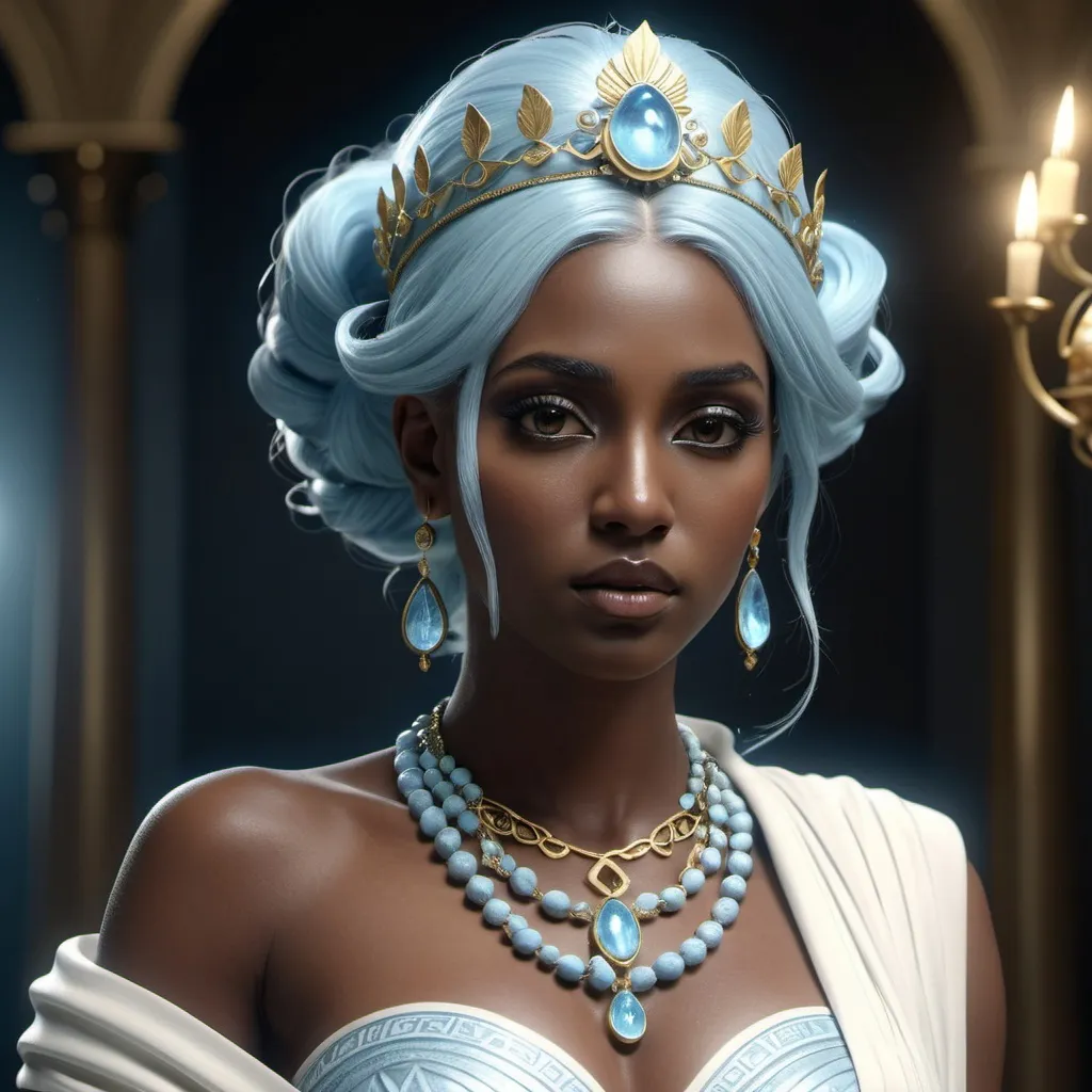 Prompt: HD 4k 3D, hyper realistic, professional modeling, ethereal Greek Muse of Origins, pale blue hair, dark skin, gorgeous face, grecian gown, simple jewelry and tiara, full body, embodiment of youth, hatching from an egg, beautiful form, enchantress, detailed, elegant, ethereal, mythical, Greek, goddess, surreal lighting, majestic, goddesslike aura