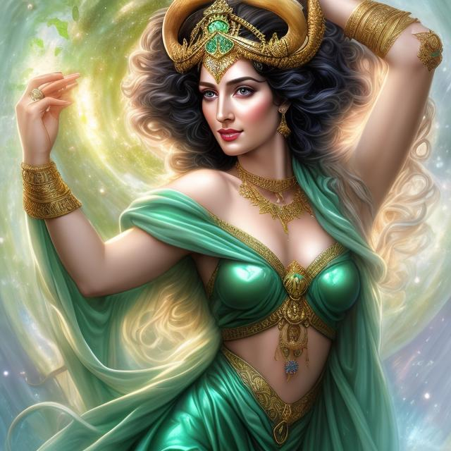 Prompt: HD 4k 3D, hyper realistic, professional modeling, ethereal Greek goddess of happiness, black hair with bull horns, fair skin, green earth gown, gorgeous face, emerald jewelry and crown, full body, ambient glow, bright spring meadow, happy, detailed, elegant, ethereal, mythical, Greek, goddess, surreal lighting, majestic, goddesslike aura