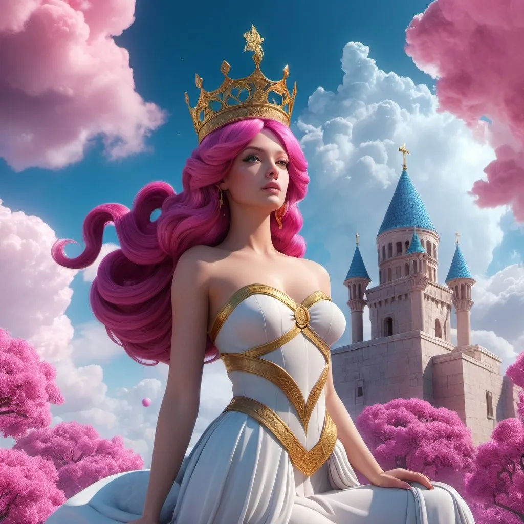 Prompt: HD 4k 3D, hyper realistic, professional modeling, enchanted magenta-haired Princess - Bubblegum, beautiful, magical, kind, castle in the clouds, detailed, elegant, ethereal, mythical, Greek goddess, surreal lighting, majestic, goddesslike aura