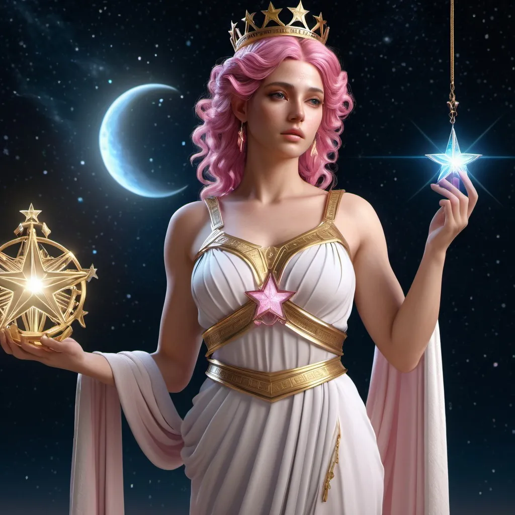 Prompt: HD 4k 3D, hyper realistic, professional modeling, ethereal Greek Goddess of Justice, pink hair, medium skin, gorgeous face, Greek dress, star jewelry and crown, full body, Virgo, starry night, innocence, purity, star-maiden, detailed, elegant, ethereal, mythical, Greek, goddess, surreal lighting, majestic, goddesslike aura