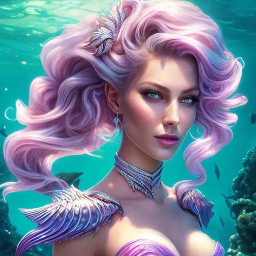 Prompt: HD 4k 3D 8k professional modeling photo hyper realistic beautiful evil woman ethereal greek goddess prophetic sea nymph
light purple fishtail braid hair gorgeous face  jewelry headpiece white mermaid tail and top full body surrounded by ambient glow hd landscape underwater shipwreck
