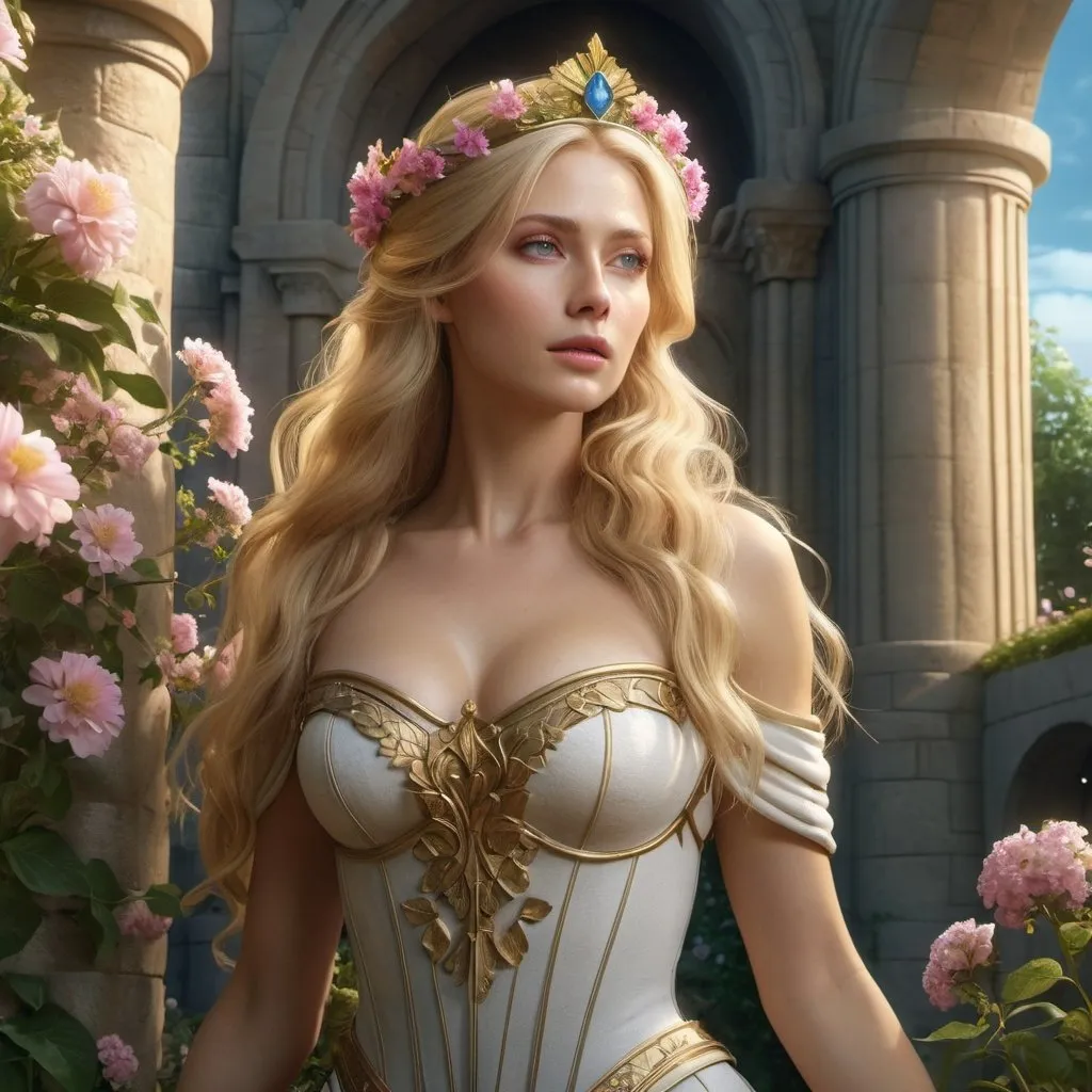 Prompt: HD 4k 3D, hyper realistic, professional modeling, enchanted German Princess - maiden in tower, long blonde hair, beautiful, magical, high fantasy background, tower covered in flowers and garden, detailed, highly realistic woman, elegant, ethereal, mythical, Greek goddess, surreal lighting, majestic, goddesslike aura, Annie Leibovitz style 