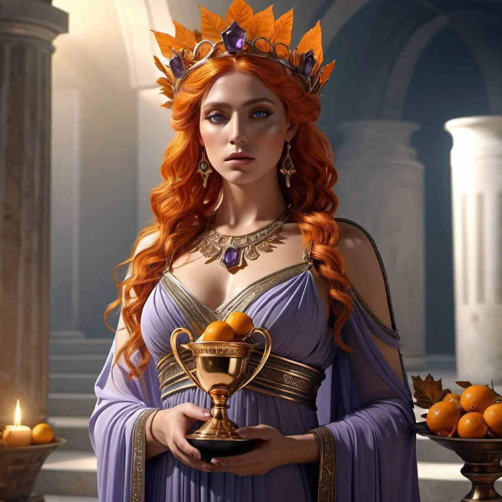 Prompt: HD 4k 3D, hyper realistic, professional modeling, ethereal Greek Muse of Tragedy, bright orange hair, mixed skin, gorgeous face, grecian long sleeved dress, amethyst jewelry and crown of leaves, full body, in mourning, goblet, in tomb, holding dagger, precious jewels,  detailed, elegant, ethereal, mythical, Greek, goddess, surreal lighting, majestic, goddesslike aura