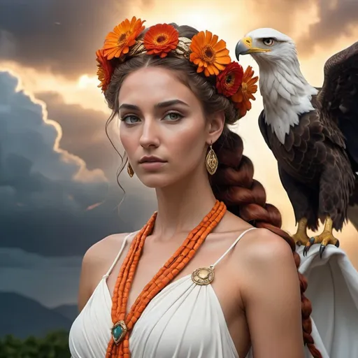 Prompt: HD 4k 3D, 8k, hyper realistic, professional modeling, ethereal Greek Goddess and Earth Mother, red crown braid, ivory skin, gorgeous face, mother earth zinnia dress, orange gemstone jewelry and headpiece, thunderstorm in background, holding a great eagle, surrounded by ambient divine glow, detailed, elegant, ethereal, mythical, Greek, goddess, surreal lighting, majestic, goddesslike aura