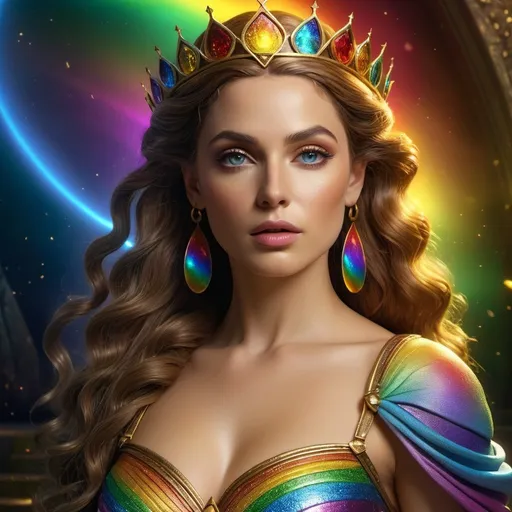 Prompt: HD 4k 3D 8k professional modeling photo hyper realistic beautiful rainbow woman Princess of Oz ethereal greek goddess gorgeous face full body surrounded by ambient glow, enchanted, magical, detailed, highly realistic woman, high fantasy background, immortal enchantress, elegant, mythical, surreal lighting, majestic, goddesslike aura, Annie Leibovitz style 

